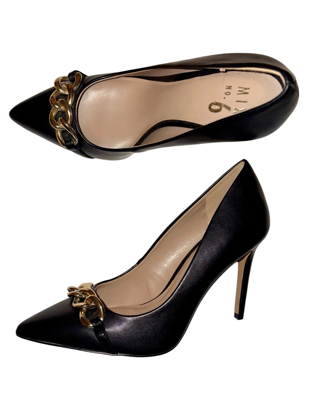 Mix No. 6 Black Pointed Toe Pumps Gold Chain Stiletto Heels Size 8.5